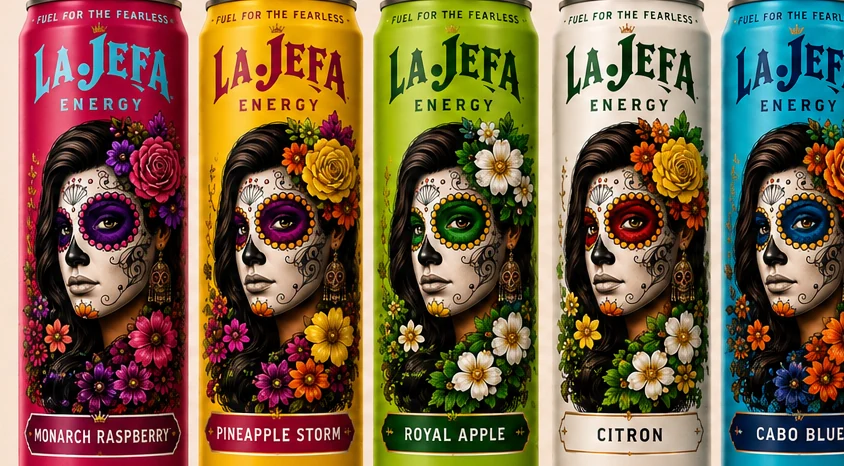 La Jefa Energy full lineup: Monarch Raspberry, Pineapple Storm, Royal Apple, Citron, Cabo Blue
